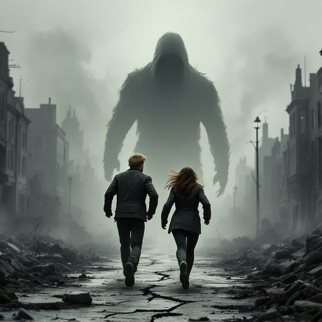 An overcast, bleak backdrop dominated by a bombed-out, war-torn European cityscape in muted gray tones. A blonde-haired, blue-eyed man and a brown-haired, freckled woman are positioned in the center, running in opposite directions while looking over their shoulders with desperate expressions. Their figures are shadowed to increase their harrowing appearance, and they are separated by jagged cracks on the ground. Behind them, a large, menacing shadow with an indistinct, shapeless form looms ominously, symbolizing the unseen threat of war. Wisps of smoke from lingering fires twist upward, blending the shadow with the ruined sky.