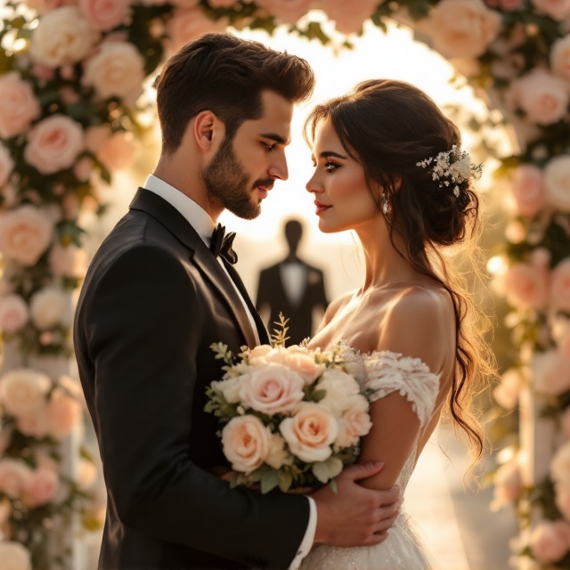 A close-up of a man in an elegant black suit (Leonard Evans) and a woman in a white wedding gown (Valerie) standing under a delicate archway adorned with roses. Leonard looks confident, directly gazing at Valerie, while she stares hesitantly at her bouquet with subtle tears in her eyes. In the blurred background, a silhouette of a couple (signifying Thierry and his new fiancée) stands at a distance facing away. A soft golden hour glow dominates the palette with shades of pink, ivory, and champagne hues, symbolizing love, hope, and suspense.