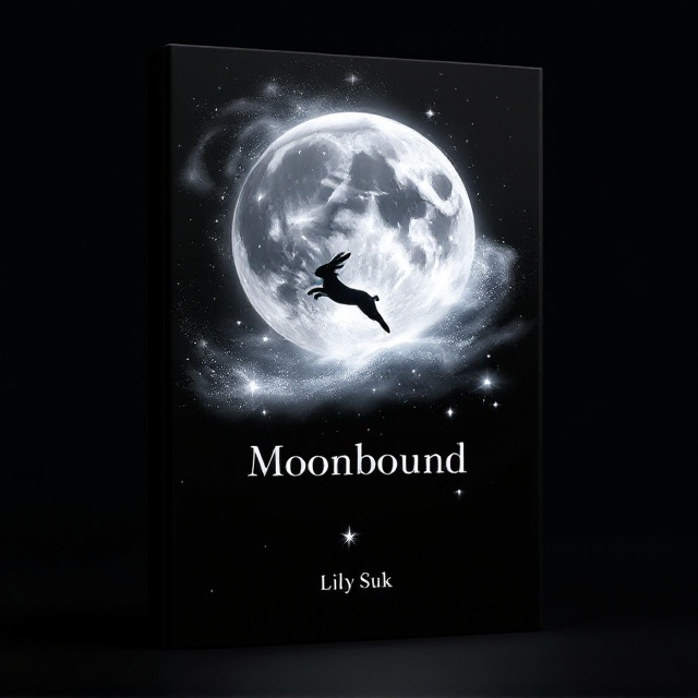 A completely black background serves as the base. At the center, a luminous full moon is subtly textured with silvery craters, emitting an enchanting glow. In the foreground, a shimmering silver silhouette of a rabbit leaps gracefully across the moon’s surface. Surrounding the moon is a delicate, translucent silver veil that swirls at the edges like enchanted mist, blending into the darkness. Sparkling particles radiate softly from the veil, giving the cover a whimsical, ethereal feel.