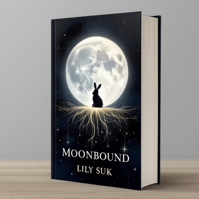 A silver silhouette of a rabbit sitting on the surface of a large, glowing full moon occupies the center of the cover. The moon is softly textured, surrounded by a nebulous blend of black and deep indigo hues, giving the background a starry, cosmic effect. Beneath the moon, a delicate, shimmering gold veil drapes across horizontally like a thin ribbon, catching the eye. The overall tone is a balance of intrigue and warmth, with subtle gradients that create depth and a dreamy atmosphere.