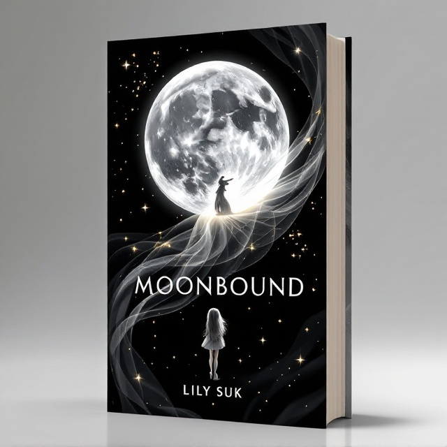 A glowing silver full moon dominates the upper center of the cover against a dark, black background with subtle swirling mist and glowing silver particles to evoke mystery. The moon has an elegant silver rabbit silhouette positioned on it, as if etched into the lunar surface, appearing graceful and ethereal. A delicate and translucent veil flows diagonally across the composition, slightly rippling like a breeze carries it, with subtle golden sparkles catching the light around it. Below the veil, a small silhouette of a teenage girl with long hair in silver with a soft metallic sheen stands poised, looking upward towards the rabbit in a curious manner.