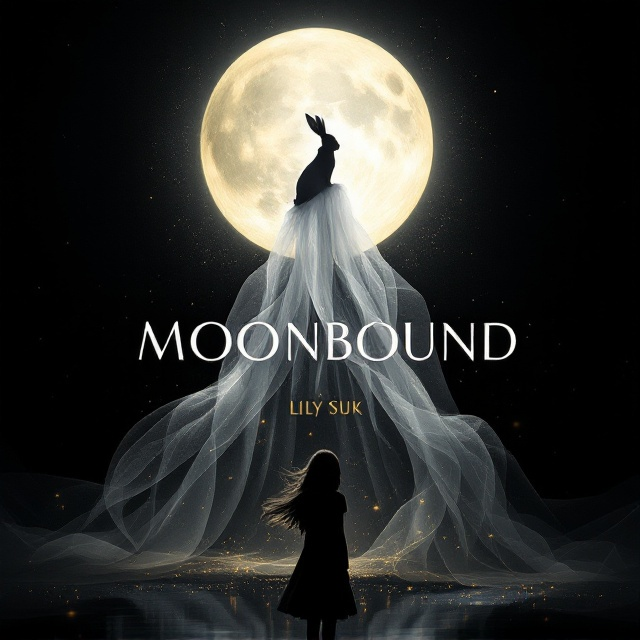 A full moon with soft, mystical glow dominates the upper-central area of the cover, taking up no more than half the space. A sleek, elegant silver rabbit silhouette perches gracefully atop the moon, radiating a metallic shimmer. Below the moon is a semi-transparent veil that cascades downward, giving a layered ethereal effect. A shadowy silhouette of a teenage girl with flowing black hair stands beneath the veil, small and distant to keep the atmosphere mysterious. The background is a textured black with faint silver and gold speckles, evoking a magical night sky.