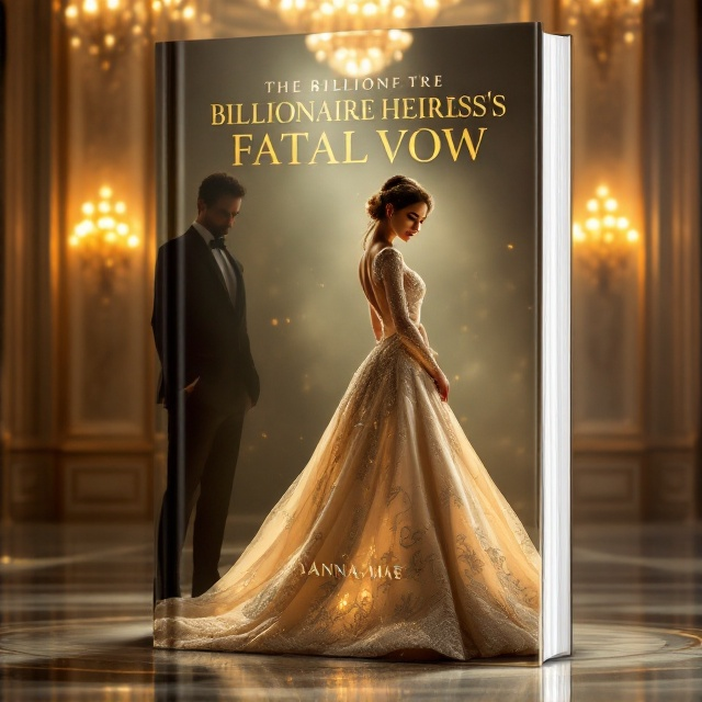 A dramatic scene featuring a glowing marble ballroom with elegant chandeliers shimmering softly in the background. The male lead’s shadowy, tall silhouette is partially illuminated just enough to highlight his form, while the female lead stands in the center foreground wearing an opulent, intricate white wedding gown. Her face reflects anxiety, with her hands tightly clutching the edges of her gown. Her pose suggests vulnerability, as if she is trapped within this luxurious and ominous setting. The lighting casts a golden-tinged glow, creating an atmosphere of warmth mingled with tension.