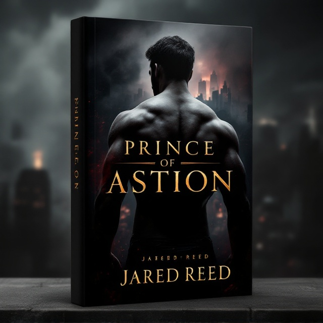 A dark, enigmatic background with a city skyline faintly visible, bathed in moody shadows. In the foreground, a sensual male figure with a well-defined physique, facing away, his broad shoulders exuding mystery and allure. The figure is illuminated by subtle, steamy lighting, creating depth and a "smoky" heat. Overlaying the scene, red and gold hues add a seductive feel, crafting a balance of romantic tension and luxury.