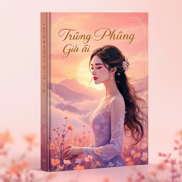 A stunning illustration of a beautiful, elegant Vietnamese woman in traditional áo dài attire. The background depicts a dreamy, sunset-lit meadow with soft, flowing clouds and a hint of distant mountains. The woman's expression is tender yet introspective, with strands of her long hair blowing slightly in the wind. The color palette is soft but vivid, using shades of pink, lavender, and golden orange.