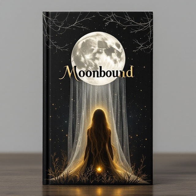 The cover features a black-toned background with wispy silver mist weaving through a mystical forest scene, giving it an ethereal, magical vibe. At the top center of the cover, the full moon shimmers in silver hues, its surface faintly textured but not overly detailed. Standing atop the moon is the silver silhouette of a rabbit with ears upright, imparting an air of mystery and celestial beauty. Below the moon, a delicate gauzy veil flows downward, semi-transparent with hints of silver in its folds. At the bottom half of the cover stands the golden silhouette of a teenage girl with long, gently flowing hair. She faces the moon and holds a radiant gold stone in one hand, glowing softly and casting tiny specks of light. Surrounding her feet are intricately designed small golden trees, their branches sparse and bare, adding to the fantasy aesthetic.