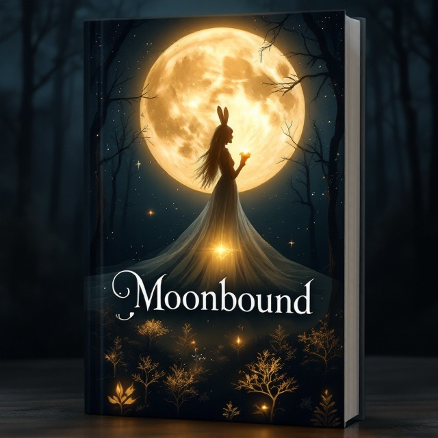 The background is a dark, forested night scene with soft, warm black gradients blending into silvery hues. A large, glowing full moon occupies the top center of the cover, slightly off-balance, lending a mystical aura. The silver silhouette of a rabbit stands elegantly atop the moon, its pose static and serene. Below the moon, a semi-translucent, gossamer veil drapes downward, adding to the ethereal mood. A golden silhouette of a teenage girl with long flowing hair, facing the moon, is depicted farther below. She is holding a radiant golden stone that emits a faint glowing effect around her figure. Around her feet, small, sparse golden trees emerge faintly from the shadowy forest floor, subtly textured to add depth.