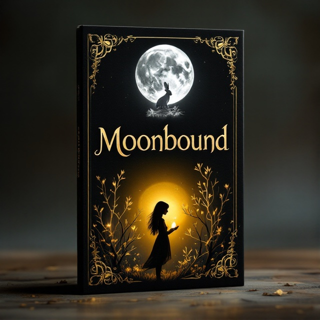 A deep black background transitions into the faintest hint of twilight at the horizon. At the center top of the cover, a luminous, silvery full moon dominates the scene. Perched delicately on top of the moon is a shimmering silver silhouette of a rabbit, its form minimalistic yet evocative. Below the moon, an intricately designed semi-transparent veil flows downward like silk, blending seamlessly into the background. Beneath the veil, a golden silhouette of a teenage girl with long hair stands amidst small golden trees, her delicate figure facing the moon. She holds a glowing stone that radiates a subtle golden light, forming the central focal point. Filigree accents in gold and silver frame the edges of the design for added elegance.