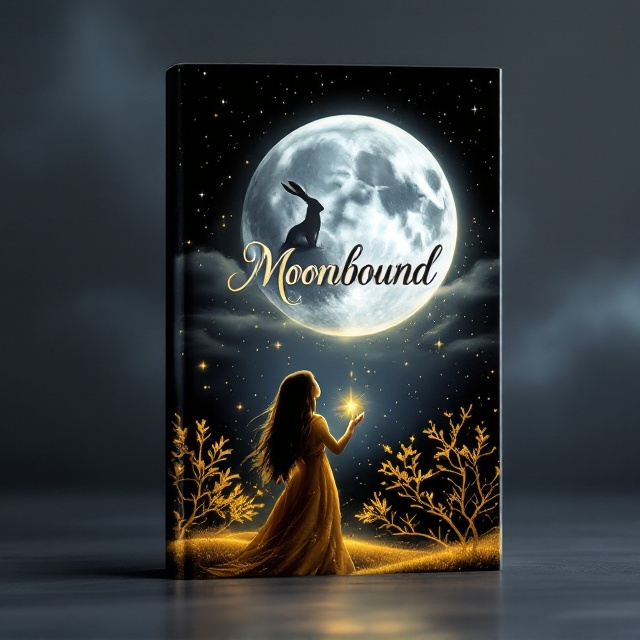 A mystical night sky stretches across the background in deep black with subtle gradients of dark blue. A luminous, silver full moon, lightly textured yet simple, dominates the upper half of the cover. Standing on top of the moon is the elegant, silver silhouette of a rabbit with long ears perked upward, radiating mystery. Below the moon is a semi-transparent golden veil that cascades down like soft, glowing threads. The lower half of the cover showcases a teenage girl’s golden or silver silhouette, detailed with softly flowing long hair, gazing up at the moon while standing near a small grove of delicate metallic golden trees. In her hands, she holds a glowing, magical golden stone. Sparkles and light flares subtly accent the composition. The overall feel is warm but shrouded in a fantastical mystery.
