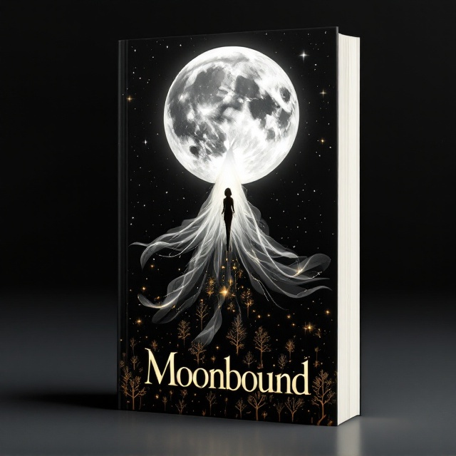 A black star-dotted night sky serves as the background, evoking mystery and fantasy. A luminous, silver full moon dominates the center upper half of the cover, softly glowing with a faint ethereal light. On the moon's surface, the silver silhouette of a rabbit stands tall, its sleek form creating intrigue and charm. Below the moon, a flowing, delicate veil cascades downwards and fades seamlessly into the horizon, shimmering in silver and gold accents. At the bottom, a teenage girl in a golden silhouette stands facing the moon. Her long hair ripples as though touched by a soft breeze, and her hands clasp a glowing, radiant golden stone. Around her, small glowing golden trees scatter, creating a dreamy and enchanting forest at the base. The cover exudes warmth with the touches of gold outlining the dark, mysterious background.