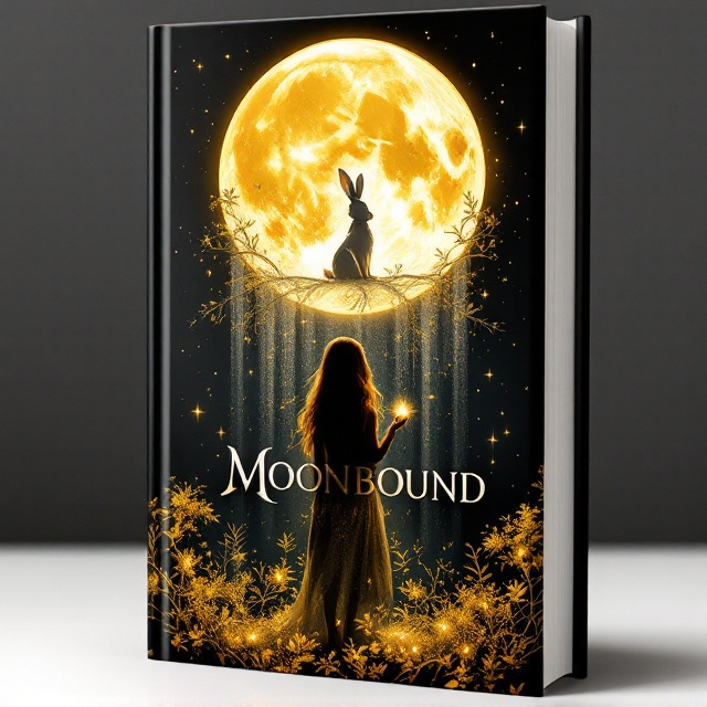 A black background sets the scene with a glowing, slightly textured full moon taking up the upper-middle portion of the cover. A silver silhouette of a rabbit stands atop the moon, its long ears tilted delicately, giving a sense of curiosity. Below the moon, a gently cascading silver veil flows downward like a misty curtain. The golden silhouette of a teenage girl with long, flowing hair stands beneath the veil, her back to the viewer. She holds a glowing golden stone in her hands, the light reflecting faintly off the surrounding small golden trees. The scene exudes a magical, ethereal glow of mystery and warmth.