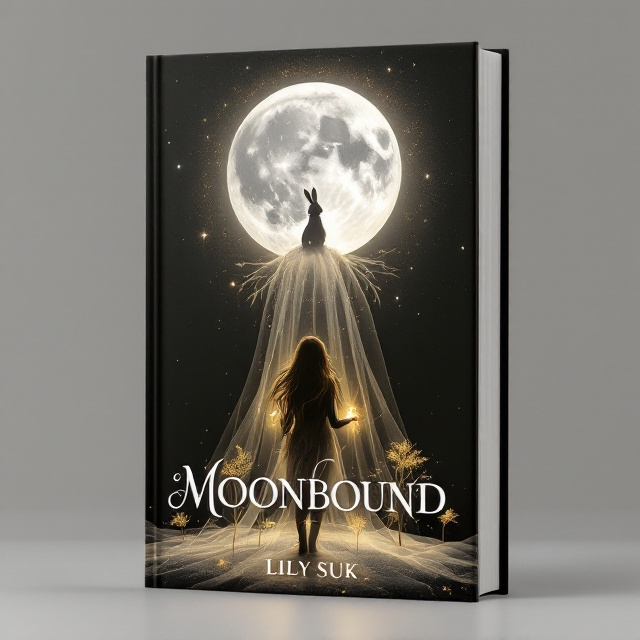 The cover features a black background with a subtle gradient, transitioning to subtle shades of dark gray near the edges. A radiant, soft-glowing silver full moon occupies the upper-mid area of the cover, no larger than half its height. Atop the moon is a delicately etched silhouette of a rabbit, standing peacefully and surrounded by a faint golden aura. Below the moon, a translucent silver veil cascades downward, lightly curling around the golden or silver silhouette of a teenage girl with flowing long hair. She is seen from the back, standing amongst small golden trees, her attention fixed on the moon as she gently holds a glowing golden stone in her hand. The surrounding environment suggests an ethereal, otherworldly setting, with hints of delicate sparkles resembling distant stars.