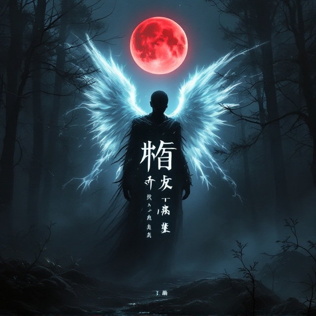 A dark, foggy forest in the background, with a single character standing in the foreground. The figure's left side is angelic (ethereal glow, serene expression), the right side is demonic (shadowy, skeletal), and the middle section appears human but fractured. Ghostly hands and faces emerge subtly from the surrounding shadows in the forest. A crescent moon in a blood-red hue looms overhead, casting haunting light over the scene.