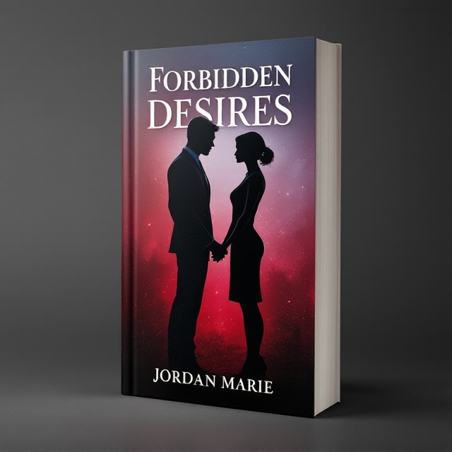 A gradient background shifting from a corporate gray at the top to a vivid deep crimson at the bottom. Two silhouetted figures standing almost face to face—one representing a sharp, tailored professional figure and the other slightly softer in stance, creating an atmosphere of subtle tension. The figures' hands are almost touching, emphasizing intimacy without physical contact. A faint silver shimmer outlines their silhouettes to evoke mystery.