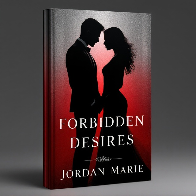 A striking silhouette of two figures—an elegantly dressed man and woman—facing each other, their hands almost touching but not quite, suggesting tension and longing. The backdrop transitions from a corporate gray at the top, shifting into a passionate, fiery crimson at the bottom. Subtle streaks of silver shimmer in the gradient to add depth. The figures remain in shadow, with a polished, high-contrast finish to maintain sophistication while evoking mystery.