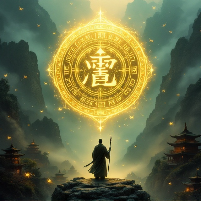 A mystical golden talisman prominently floats in the center surrounded by glowing ancient runes. The background showcases a misty mountain range with ethereal clouds wrapping around pagodas on steep cliffs. A silhouette of a wise cultivator holding a staff stands at the bottom, merging with the surrounding golden light. Swirling, faint phantom-like images of exotic insects encircle the talisman, adding an otherworldly presence. The overall color palette features shades of gold, deep green, and soft white, contrasting subtly against muted dark grays.