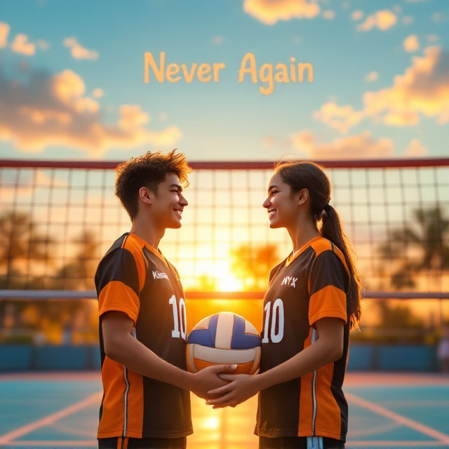 A bright, scenic background of a volleyball court at sunset, with soft orange and blue hues spreading across the sky. The volleyball net is prominent in the center, and in the foreground, the boy and girl stand side by side, facing the reader, holding a volleyball between them. They are both smiling, wearing uniforms in black and orange with "Karasuno" printed on their jerseys and the number "10" visible. Their expressions radiate joy and hope.