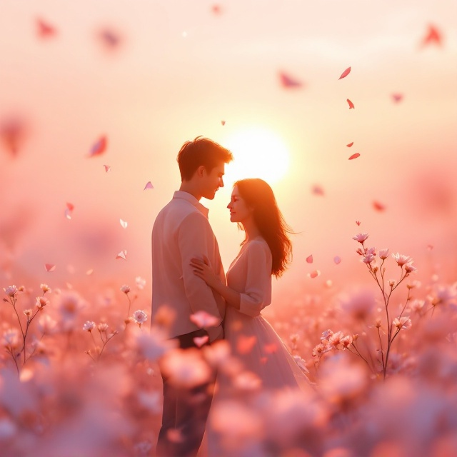 A dreamy, pastel-colored scene with a soft focus. At the center, a couple is slightly silhouetted against a warm, glowing sunset. The couple stands in a field of delicate flowers, such as daisies or cherry blossoms, with petals floating in the gentle breeze. The background fades into soft, gradient hues of pink and lavender, creating an ethereal and romantic mood.