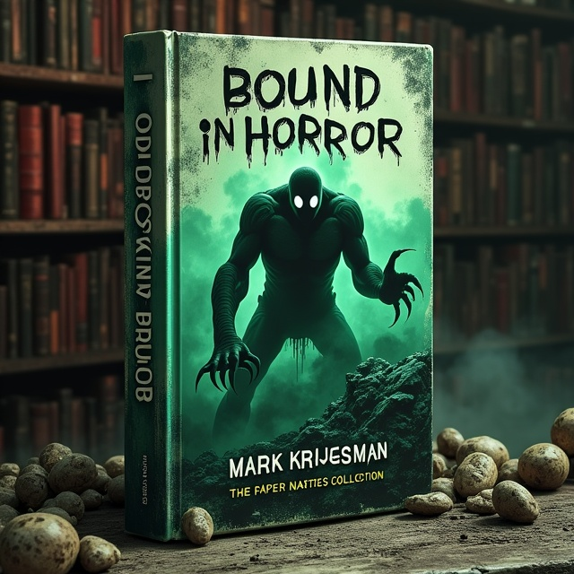 A hulking, grotesque, shadowy figure with glowing, hollow eyes and razor-sharp claws is depicted clawing its way out of a crumbling mountain of ancient, dusty books. The swirling fog that envelops the figure glows faintly green, giving a ghostly aura. The background is an eerie, near-empty decrepit library bathed in dim, flickering, reddish-black light. Cobwebs hang from the corners of the shelves, and faint silhouettes of eerie faces can be spotted in the shadows. Splashed across the top, the title 'Bound in Horror' is jagged and dripping like fresh blood. The bottom features a distressed, psychedelic green stripe, which contains the tagline 'Read if you dare!' in small, cracked font. A gritty 'Restricted Contains Frights' label is visible in the bottom corner, resembling a retro VHS tape warning sticker. The artwork is intentionally textured to mimic wear and tear, with a grainy filter and faint creases running across the design to capture a vintage, aged look.