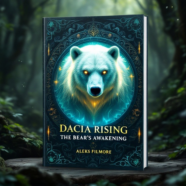 The cover depicts a lush, wide green forest bathed in an ethereal light that streams down from above. Central to the scene is a luminous, mystical white bear with fur glowing faintly as if lit from within. Its piercing golden eyes capture attention immediately. Surrounding the bear is a carved wooden circle adorned with intricate patterns inspired by ancient Dacian cultural motifs, faintly glowing with a soft blue hue. The carvings tell a story of an ancient civilization, lending an air of mysticism. Wisps of mist curl up from the forest floor, adding atmosphere and mystery.