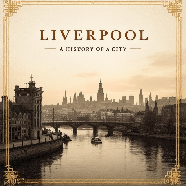 A sepia-toned image of the Liverpool skyline during sunset, with the River Mersey in the foreground. The historic architecture of the city is highlighted, with an overlay of subtle, textured brush strokes giving a vintage feel. The hint of an old shop front blends into the edges of the skyline, creating a layered effect of the past and present.