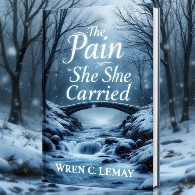 A cold, ethereal scene featuring a rushing river cutting through a snowy landscape. The riverbanks are lined with smooth, snow-dusted boulders, and bare trees stretch upward, their lifeless branches silhouetted against a blue-grey gradient sky. A rustic, slightly weathered wooden bridge arches across the river in the midground. Soft, swirling snowflakes fall gently across the scene, adding movement and atmosphere. The entire image is bathed in a monochromatic blue and grey palette to evoke an emotional and reflective tone.