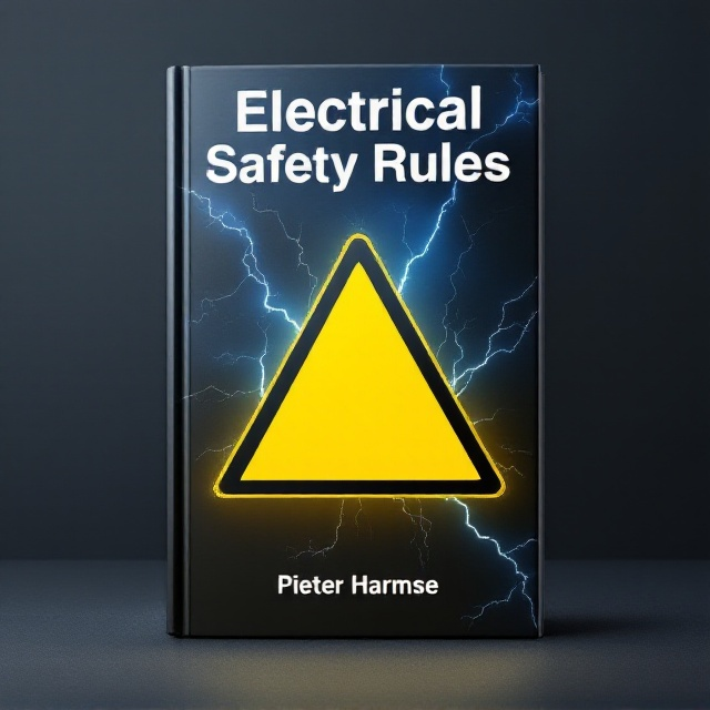 A high-voltage warning triangle with a vivid yellow background dominates the center of the cover, surrounded by dark electric-blue and black lightning streaks radiating outward. The edges of the cover blend into a subtle metallic gray, giving a clean yet serious tone. The author's name, "Pieter Harmse," appears at the bottom in white.