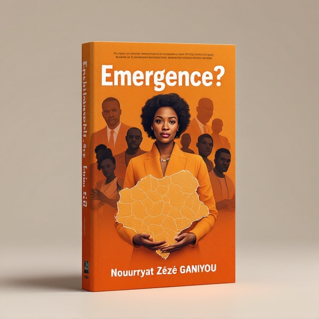 standing book mockup, Its title is "Emergence? ". Its author name is Nouhryyat Zézé GANIYOU.  The cover features a vivid orange background with the map of Côte d’Ivoire prominently illustrated in the center. Surrounding the map are silhouette-like illustrations of African male and female leaders positioned behind the map, with frustrated or displeased facial expressions (artistically styled to imply disagreement). A black Ivorian woman as a president is depicted in bold detail standing at the forefront. She holds the map of Côte d’Ivoire in her hand confidently, her expression calm and resolute. The orange background is accented with soft gradient overlays, giving the cover a warm, modern, yet serious tone. The book title, *"Emergence?"*, is displayed in bold, serif typography in white with a subtle black shadow for emphasis. The author’s name, *Nouhryyat Zézé GANIYOU*, is in a sleek sans-serif font, placed delicately at the bottom in dark orange against the lighter orange backdrop. The subtitle/genre identifier, *"A Woman’s Journey Beyond Expectations"*, is optional and shown in italics beneath the title., The upper third of the cover accommodates the title, with plenty of breathing space around it. The middle section prominently displays the Côte d’Ivoire map surrounded by the illustrated leaders, and the bottom third highlights the woman president and the author’s name. The composition flows from the top downwards, creating a visual hierarchy.
