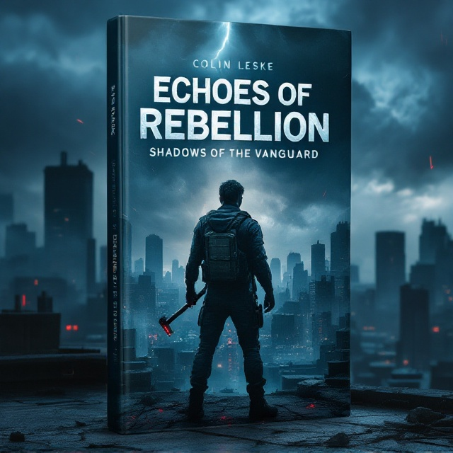 The cover features a dark, dystopian cityscape under a stormy, turbulent sky. Towering, angular buildings dominate the background in shadowy silhouettes, creating a sense of oppression. In the foreground, Alex Carter stands on a rooftop, his back turned to the viewer. His worn tactical gear and a makeshift weapon, a crowbar glowing faintly red at its tip, symbolically represent rebellion and resolve. A striking light from the horizon highlights both Alex and the contours of the chaotic sky, with shadows trailing ominously behind him. The contrasting tones of blue and gray dominate the scene, with streaks of red and orange blending into the sky’s dramatic turmoil.