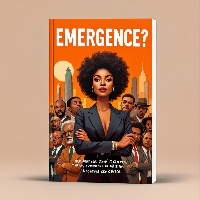 A bold design features an illustration of the iconic Plateau commune skyscrapers in Abidjan placed in the background and slightly blurred to highlight depth. A striking centerpiece shows a powerful Black woman president with Afro-textured hair in a formal suit holding up the map of Côte d'Ivoire. She has an empowering expression of determination. In the mid-ground, positioned behind her, a group of Black African leaders (male and female) is depicted in an animated caricature style, looking displeased, some with crossed arms or discontented expressions. The overall tone of the cover is a juxtaposition of tension and empowerment, with the orange background symbolizing energy and optimism.