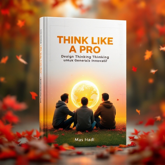 Three young university students in informal outfits sit near the base of a glowing globe, surrounded by warm autumn tones—red leaves gently falling, pinkish-orange sky blending into a yellow gradient sunshine, fading into a rich green lower half. The globe radiates a soft luminescent outline. In the background, faint geometric patterns symbolize innovation and creative thinking.