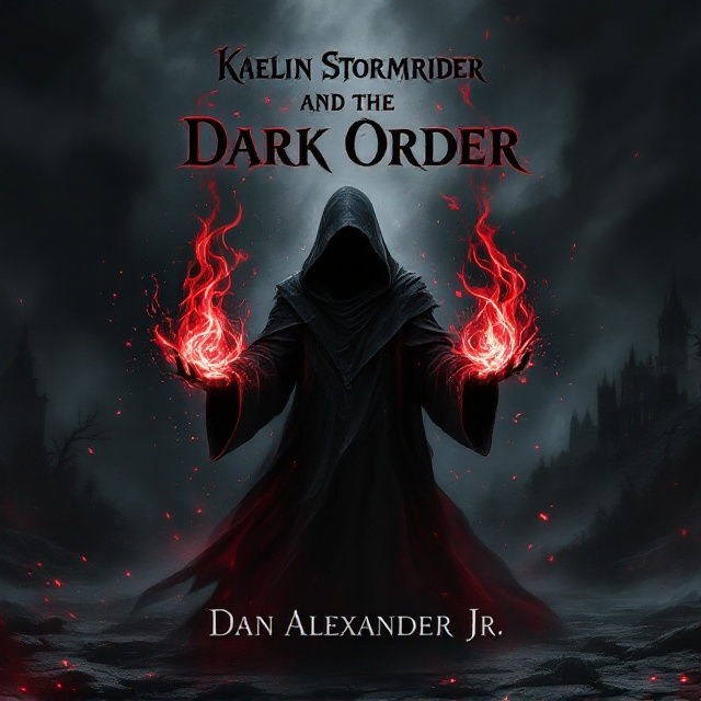 A lone, hooded dark mage stands in the center of the cover, shrouded in shadows. His hands are raised, conjuring dark red magic flames that spiral menacingly outward. Behind the mage, a stormy, blackened sky forms a chaotic backdrop. Faint silhouettes of a crumbling castle and a mysterious forest linger in the shadows, their details partially obscured by mist. The overall lighting is dim, with the red flames providing the main source of illumination, casting ominous glows on the mage’s face.