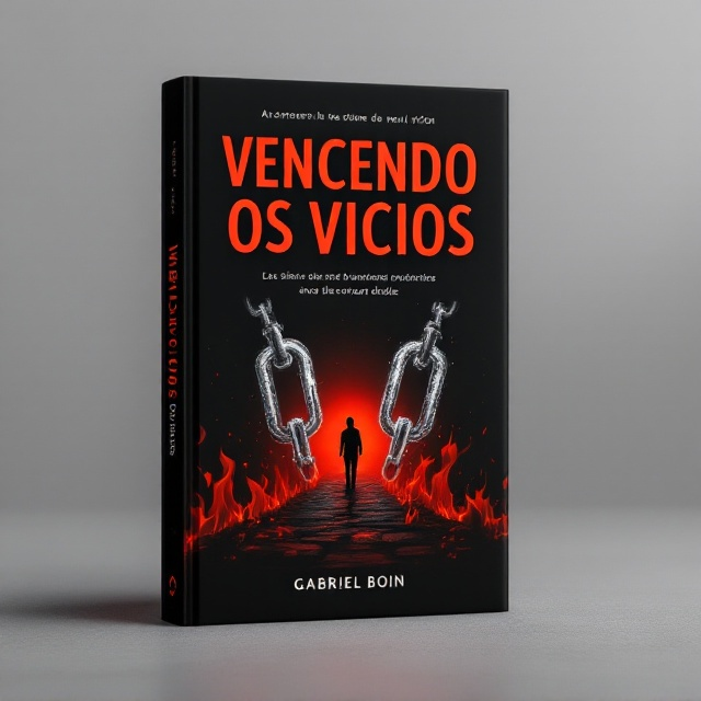 A dark black background dominates the cover to symbolize struggle and addiction. Emerging from the bottom, red flames rise subtly, representing temptation and battle. At the center, a pair of broken, glowing chains in metallic silver symbolizes breaking free from vices and emancipation. Behind the chains, a faint silhouette of a determined human figure walking toward a bright red horizon symbolizes hope and progress. The overall aesthetic is bold and empowering, creating a dramatic, dynamic impression.