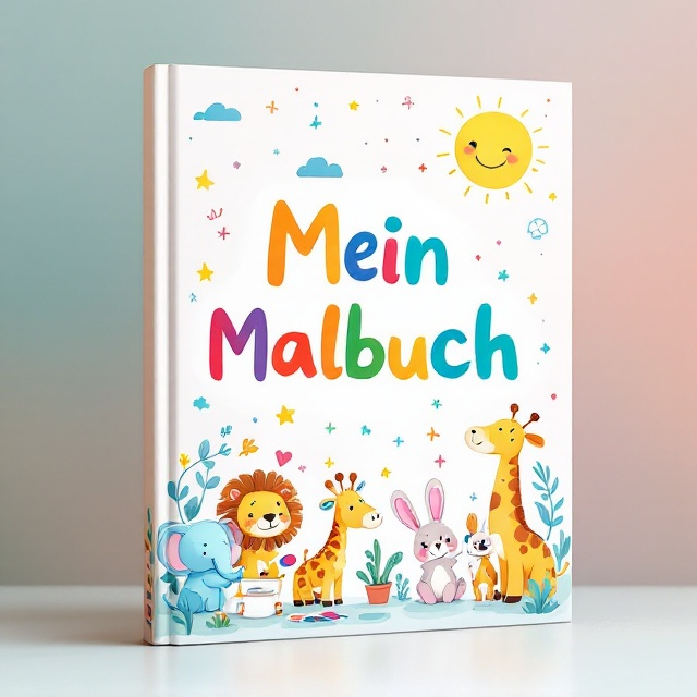 An array of vibrant, whimsical animals such as lions, elephants, giraffes, and rabbits, drawn in a playful and cartoonish style take center stage. The animals are illustrated doing fun activities like painting, jumping, and reading. The background is a soft gradient of pastel colors (light pink fading into baby blue) with tiny doodles of stars, clouds, and plants scattered throughout. A prominent, cheerful sun with a smiley face sits in the top right corner to add warmth and charm.