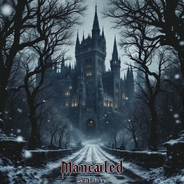A vast, ancient, gothic castle with soaring spires looms ominously in the center, shrouded by dense, leafless trees reaching like skeletal fingers toward a darkened sky. A soft, eerie snowfall blankets the scene, with the pale flakes catching faint silvery light. Shadows fall across the foreground, giving the impression of hidden, watching eyes. The overall color palette is dominated by deep blacks, cold grays, and silvers, accented by the soft burgundy red text that adds a striking contrast.