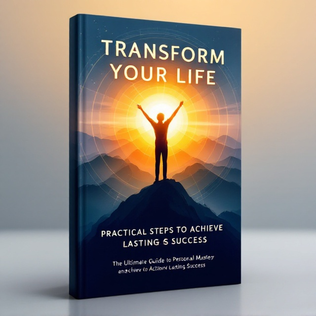 A radiant silhouette of a person standing triumphantly on a mountain peak at sunrise, symbolizing personal transformation and limitless potential. The background transitions from a deep, rich blue at the edges to a luminous gold at the center, with soft gradients to evoke energy rising. Overlapping circular vector lines subtly framing the figure represent the interconnected steps toward success.