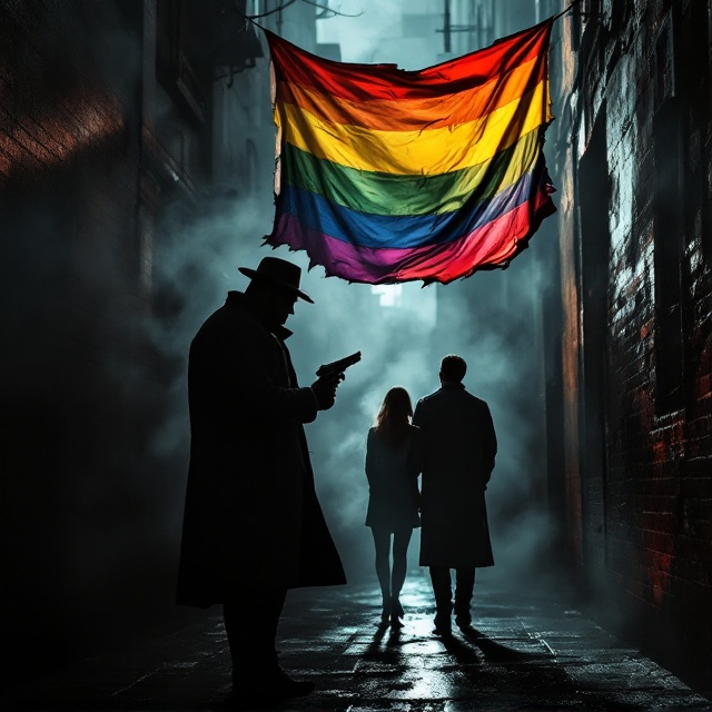 The cover depicts Detective Marlow, a stocky black man in a trench coat and fedora, gripping a sleek handgun. He is positioned on the left side of the frame, half-shadowed in dramatic noir-style lighting. He stands in an alley, his piercing glare directed at a gay couple in the background. The gay couple, slightly blurred to emphasize depth, is holding hands under the vibrant, torn rainbow flag that drapes on a wall behind them. Dark, muted tones dominate the background except for the vibrant brilliance of the rainbow flag. Smoke swirls around Detective Marlow, subtly forming shapes of suspicion and danger.