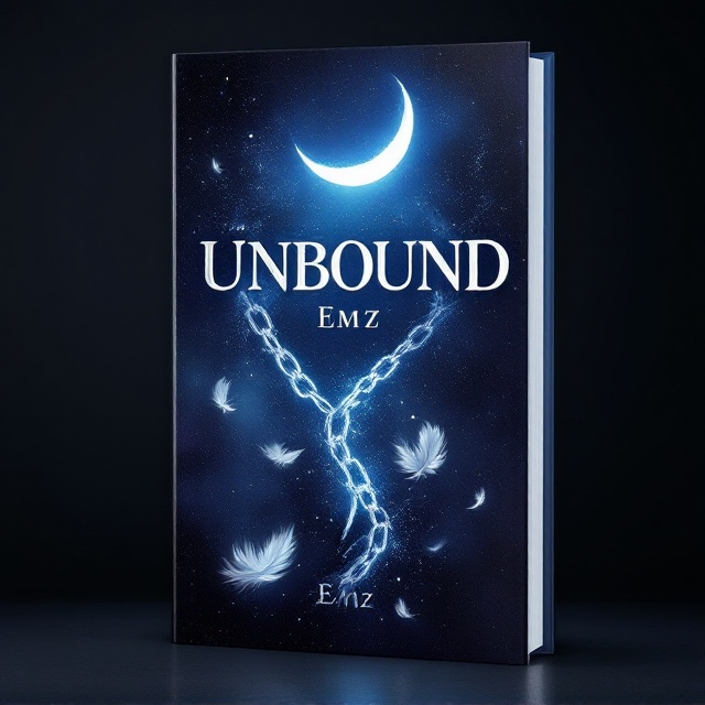A dark cosmic background fades into deep shades of blue and black, giving an otherworldly feel. A shattered, glowing silver chain floats in the foreground, with delicate white feathers falling from where the chain breaks. Above the chain is a vivid crescent moon shining softly, casting a mystical light. Swirling tendrils of magic — shimmery and ethereal — spiral upward around the shattered chain and feathers, giving the sense of something being set free.
