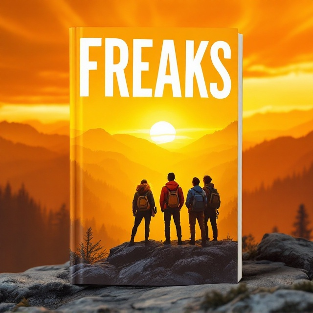 A group of four distinct figures representing "friends who are like family" standing on a rocky cliff overlooking a vibrant, golden sunset. The characters have unique, adventurous outfits hinting at their individuality—each holding symbolic items like a compass, a map, or a weapon. The background showcases a sweeping landscape of forests and mountains bathed in warm yellow tones, creating a sense of unity and journey. The sky is dramatic, with streaks of orange and deep yellows blending into the horizon.