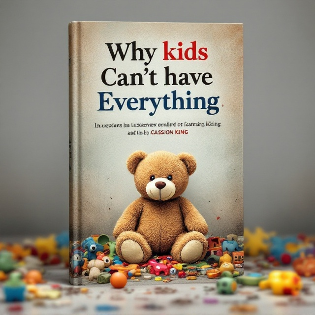 A single teddy bear sits worn and slightly frayed in the center of the cover, surrounded by scattered, colorful but faded toys, symbolizing the loss of excessive abundance. The background fades from a bright, playful tone at the top to a muted, subtle gray at the bottom, representing the transition in tone—from overindulgence to reflection. A faint image of a curious child’s silhouette reaching toward the toys is subtly blended into the background, adding a layer of emotion and connection.