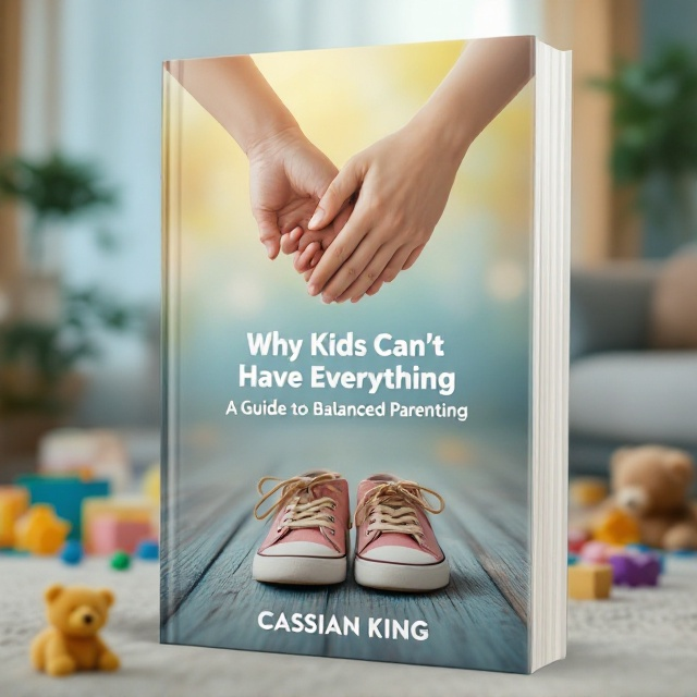 The cover features a warm, picturesque scene of a living room subtly cluttered with colorful toys scattered across the floor. In the center, an empty pair of child-sized shoes sits beside a teddy bear. Above this, the tender image of two adult hands gently clasping a smaller child’s hand emerges as a central focal point, symbolizing guidance and love. The background has soft gradients of pastel blues and yellows, evoking warmth and trust.