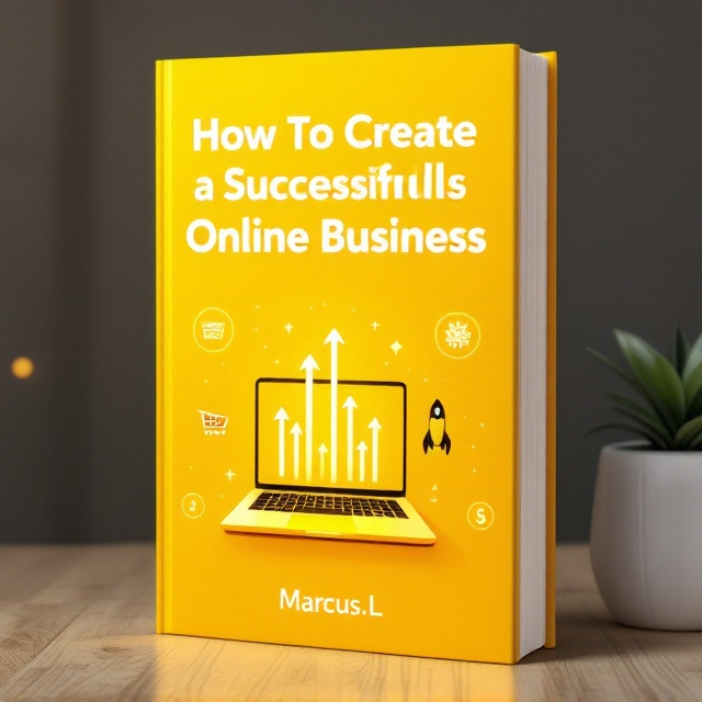 A vibrant design featuring a sunny, radiant yellow background. The center features an abstract minimalist illustration of a laptop emitting upward arrows symbolizing growth and success. Around the laptop are subtle glowing icons like shopping carts, dollar signs, and a rocket depicting entrepreneurship and online business. The title is boldly highlighted at the top, while the author’s name is elegantly placed at the bottom in smaller font.