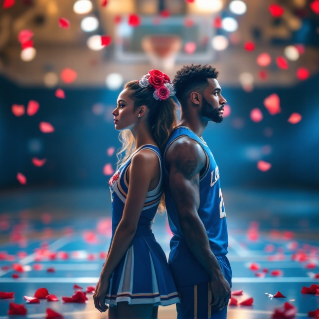 A vibrant cover featuring a girl in a blue and white cheer uniform standing back-to-back with a guy wearing a matching blue basketball jersey. The background is softly blurred, showing a high-school gym setting adorned with scattered petals of red and pink flowers. The ambiance is dreamy, with subtle glowing light effects around the characters' silhouettes, emphasizing a romantic tone. The title "Lock in" is centered near the top, surrounded by floral accents, with a bouquet of roses subtly shaping the title's curve.