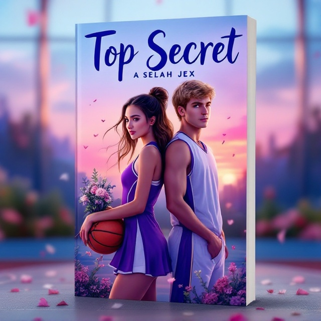 The cover showcases a vivid outdoor basketball court at sunset, blending shades of soft blue and purple in the horizon. The central illustration features a brunette girl in a sleek purple and white cheerleading uniform standing back to back with a blonde boy in a sleeveless, white and blue basketball uniform. The boy holds a basketball resting against his hip, while the girl clutches a bouquet of small, delicate flowers. Surrounding the duo are scattered flower petals drifting in the breeze. Flowers subtly grow along the bottom edge of the background, adding layers of detail. The scene exudes a soft, romantic feel, with a hint of playful tension created by their stance.