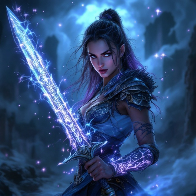 A fierce female warrior with a determined and defiant expression, wielding a glowing translucent sword. She is surrounded by softly glowing, intricate mystical runes that float around her in orbit. The background showcases an ancient ruin partially hidden by swirling dark clouds, illuminated by an otherworldly blue and purple glow. Light whispers of ethereal mist thread through the scene, adding depth and mystery.
