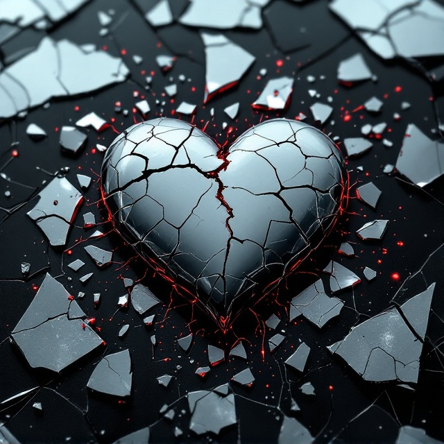 A symbolic heart made of shattered porcelain lies at the center of the cover. Its jagged, uneven edges scatter fragments outward, while shadowy tendrils weave through and creep outward into the darker parts of the cover. The background is a mix of fragmented mirror shards, some displaying faint, ghostly images of Emma and Lucas gazing into each other’s broken forms. The rippled texture of the surrounding blacks and silvers creates an eerie, distorted sense of space. A muted crimson red glow emanates from behind the shattered heart, giving it a macabre pulse while symbolizing obsession and passion.