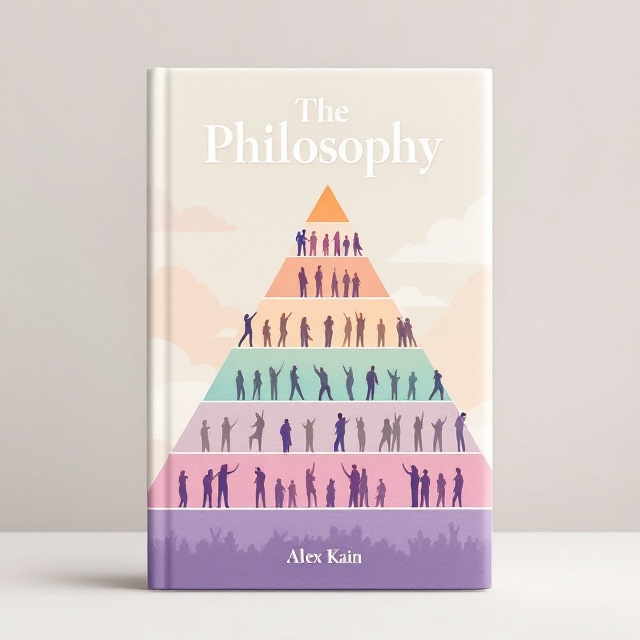 The cover features a side view of Maslow's Hierarchy Pyramid, designed in soft, gradient pastels (e.g., beige, peach, soft pink, teal, and lavender) to evoke calming empathy. Each tier of the pyramid is depicted with groups of people actively helping others ascend to the next level. Figures at the bottom are lifting others, while those at higher levels are reaching down to assist. The background is a light gradient sky with subtle clouds, symbolizing hope and upward progress. The title, *The Philosophy*, is placed prominently at the top, slightly overlapping the pyramid, while the author's name is near the bottom.