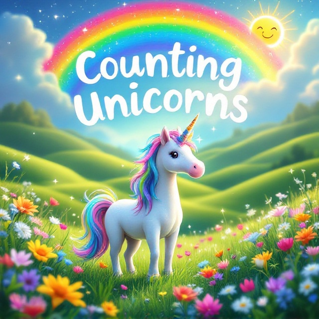 A whimsical and colorful scene featuring a single, adorable unicorn with a shimmering, multicolored mane and tail, standing on a vibrant green meadow dotted with vivid wildflowers. In the background, rolling hills and a bright, cloud-dotted sky with a radiant rainbow arch across the top. A friendly sun with a smiley face glows in the upper corner, radiating warmth. Sparkles and light effects are spread throughout to enhance the magical vibe.