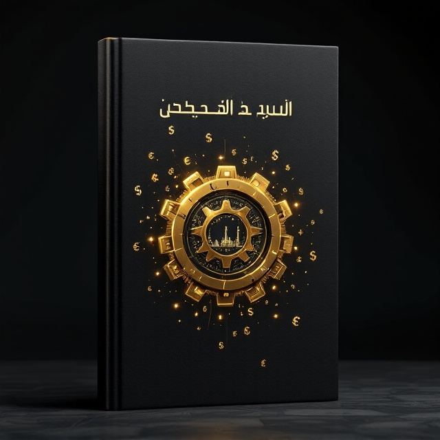 A black matte background symbolizes sophistication and gravity. A central metallic gold gear accompanied by a faint silhouette of a factory in the background symbolizes industrial progress. Surrounding the gear are subtle holographic outlines of currency symbols (dollar, euro, shekel, etc.) arranged in a circular pattern, radiating from the gear. A gradient lighting effect emerges from the gear center, adding depth and implied motion, as if the gear is in operation.