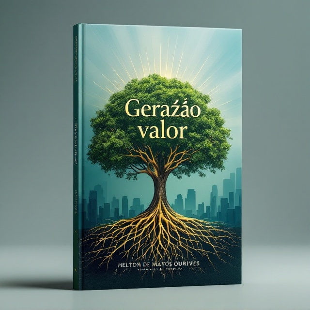 A flourishing tree in the center with intricate golden roots extending downward and lush branches stretching upward. The tree is surrounded by a gradient background in shades of blue and green, designed to evoke a sense of balance and growth. In the backdrop, faint outlines of corporate skyscrapers blend seamlessly into the natural theme, while subtle golden rays emerge from behind the tree to symbolize success and enlightenment.